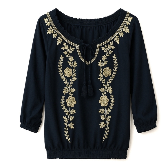 PEASANT Top Embroidered Beaded Ruched Bohemian Smocked Medium - Picture 2 of 11